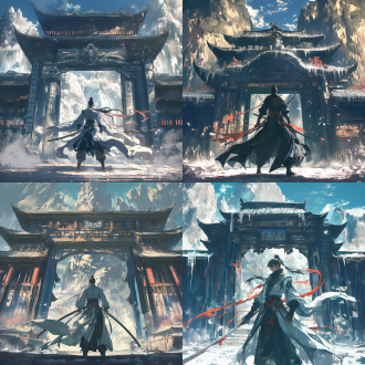 男人站在山门前，中式武侠风，宽袍大袖，表情冷峻，古风环境，中景构图，侧逆光，长焦镜头，冷色调，孤独，潇洒。