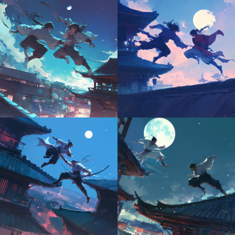 深夜屋顶，上弦月之下，两个古装年轻侠客追逐打斗，飞檐走壁，冷色调，中长焦镜头，侧逆光，动态模糊，武侠风，紧张。