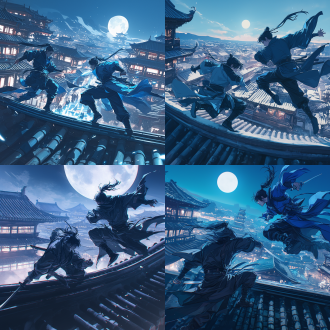 深夜屋顶，上弦月之下，两个古装年轻侠客追逐打斗，飞檐走壁，冷色调，中长焦镜头，侧逆光，动态模糊，武侠风，紧张。