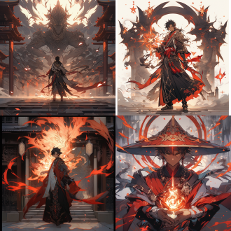 一个正面视角的亚洲术士，穿着帅气站在帝国的时空门前，手上操纵着火焰，目光坚定，看向前方