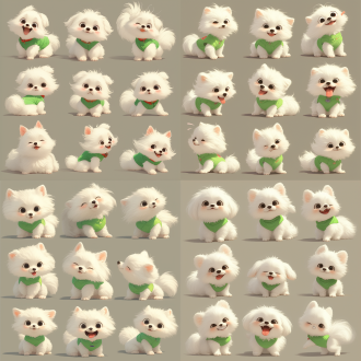 小狗绿色背心，白色毛发，漫画风格，快乐伤心大笑，互动动作序列，灰色背景，vector illustration，chibi风格，8k质量，sticker group8素材，高饱和度，明亮色彩，夸张表情，动态姿势，简洁线条，可爱造型，温馨氛围，生动活泼。