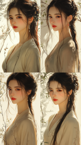 中国女孩扁平插画，室外，极简风，长裙、红唇、耳环，正脸，柔和光与色调，自然光, 阳光充足，对角线构图，高饱和度