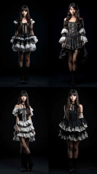 黑色背景，亚洲女孩似奥黛丽赫本，漂亮脸蛋长发，连衣裙正反展示，短款黑白不对称波西米亚图案荷叶边，高靴修长身，全身全景特写，舞台光柔和，人像镜头8k，优雅高级。