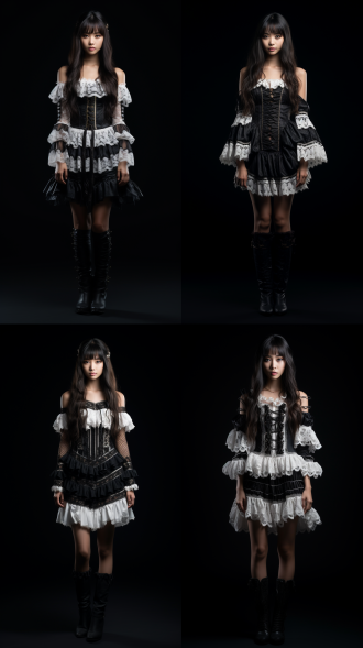 黑色背景，亚洲女孩似奥黛丽赫本，漂亮脸蛋长发，连衣裙正反展示，短款黑白不对称波西米亚图案荷叶边，高靴修长身，全身全景特写，舞台光柔和，人像镜头8k，优雅高级。