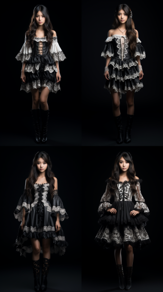 黑色背景，亚洲女孩似奥黛丽赫本，漂亮脸蛋长发，连衣裙正反展示，短款黑白不对称波西米亚图案荷叶边，高靴修长身，全身全景特写，舞台光柔和，人像镜头8k，优雅高级。