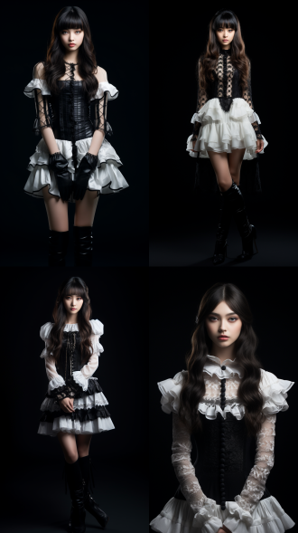 黑色背景，亚洲女孩似奥黛丽赫本，漂亮脸蛋长发，连衣裙正反展示，短款黑白不对称波西米亚图案荷叶边，高靴修长身材，全景特写，舞台光柔和光，人像镜头，8k，优雅时尚，细节清晰。