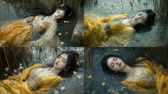 一个中国古代女人，睡在井水利，穿着中国古代黄色纱裙，精致五官，长发在水面上浮起，周围是芦苇，水面上飘着小花，凄美，全身特写，50mm广角镜头，景深，电影光效，大师画作