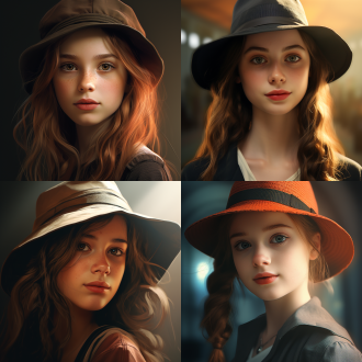 生成一张人物海报，15岁少女，头戴礼帽，侧面特写