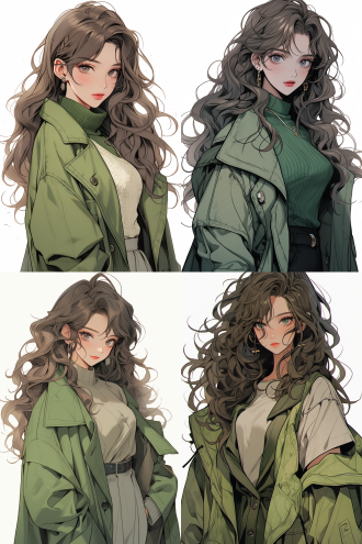 女生插画，线稿，绿色风衣，波浪头发