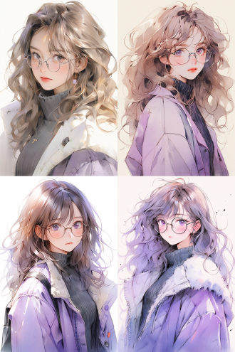 涂鸦风格，波浪头发女生，紫色风衣，韩系，带眼镜 水彩儿童画