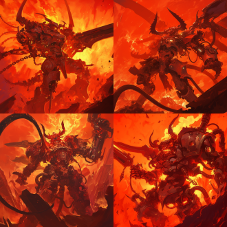 恶魔战神，红色调，蒸汽朋克风格，对角线构图，高细节，火焰城市，广角镜头，戏剧性灯光，动态模糊，冷暖色调对比，紧张氛围，金属质感，烟雾效果，战斗姿态，火焰特效，机械装置，暗黑风格，强烈对比，动感十足。