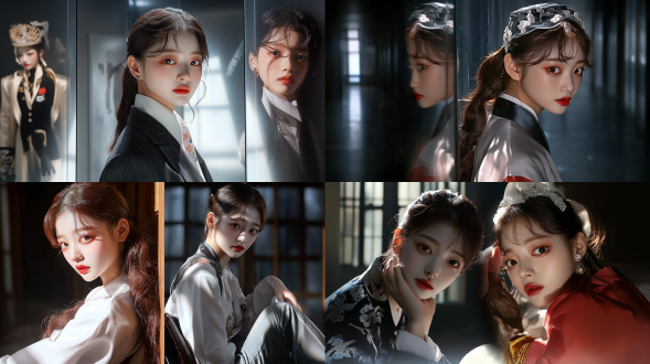 换脸高清图片，三分法构图，室内场景，冷色调，长焦镜头，顶光，人物静止，逼真，清晰，严肃。