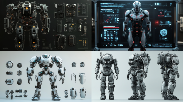 未来机甲全身展示，解构布局，部件整齐，细节丰富，层次强，金属质感，冷色调，写实风，9:16，侧逆光，科技感，动静结合，光影分明。