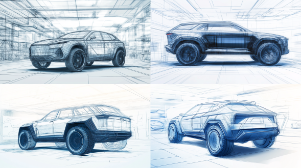 未来概念suv车型cad蓝图，铅笔素描效果，三分法构图，工业风环境，冷色调，平行透视，顶光，精细绘制，科技感。