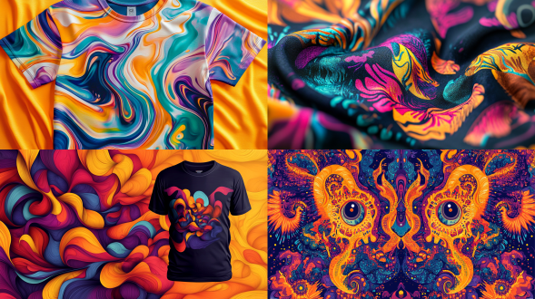 abstract t-shirt design with vibrant, swirling colors in a psychedelic style, forming unique shapes and patterns, in a digital art medium, with a high - contrast effect, –ar 4:5 –q 2