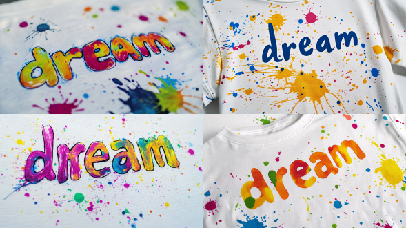 t恤上独特手写字体“dream”，彩色泼溅笔触，白色背景，对称构图，高饱和度，平光，特写镜头，艺术感，活力。 –ar 1:1 –no body