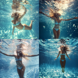 女性泳池水下全身写真，焦点堆叠，俯视视角，夏日场景，动感光线，鲜艳色彩，气泡，精细细节，阳光生机，侧光。