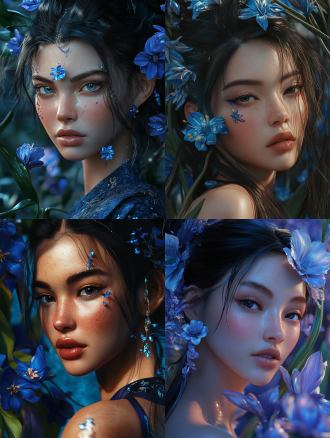 digital fantasy portrait, blue flowers accents, oc rendered, evening makeup, asian descent, inspired by trevor brown, highly detailed. post processing, tulips, indigo renderer, martial artist dryad, android mystic, featured art, radiosity rendering