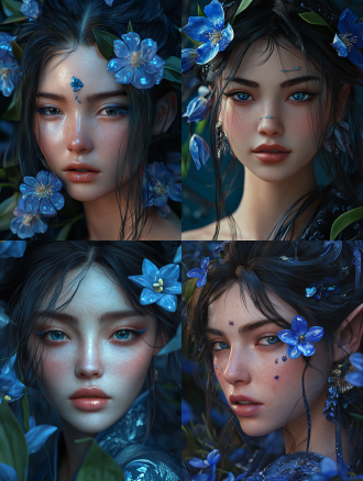 digital fantasy portrait, blue flowers accents, oc rendered, evening makeup, asian descent, inspired by trevor brown, highly detailed. post processing, tulips, indigo renderer, martial artist dryad, android mystic, featured art, radiosity rendering