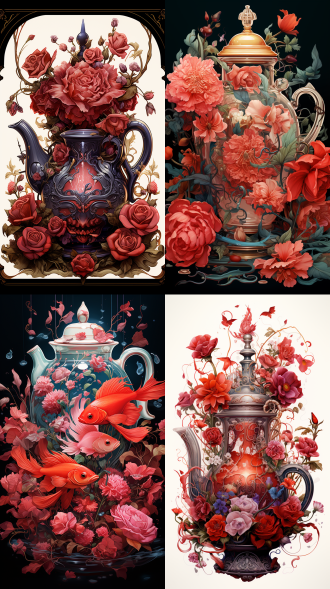 the devil tarot card, teapot, beautiful color composition, inspired by du qiong, triforce, overgrown with colorful coral, image on the store website, weibo, sugary sweet, red fluid, designer pencil 3d sketch, hua cheng, back shark fin, cute artwork, steam, koi