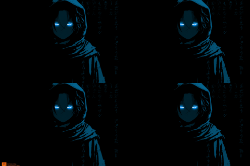 尺寸1920x1080分辨率，暗色调，简约，背影，蓝色眼睛，人物背景后面显示白色英文文字，design，