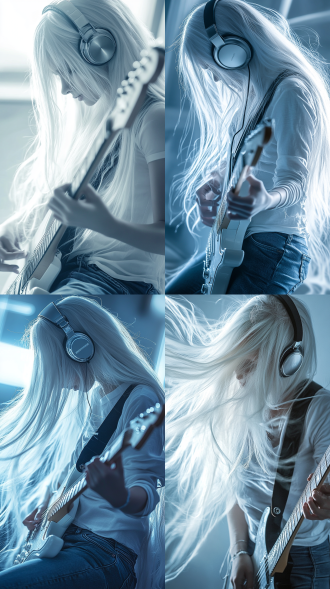 long-haired white-haired girl wearing silver headphones, white shirt and jeans, playing an electric guitar, asymmetric composition, shallow depth of field, out of focus, backlighting, blue and white tones, dreamcore style, dynamic blur, surreal, strong visual impact.
