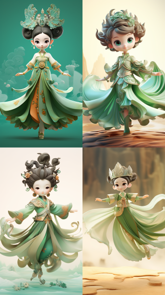 q版二头身小仙女六岁，圆润的下巴，棕色的眼睛，带刺绣的汉服，青绿色，敦煌飞天一样的舞姿，形态特写，背景沙山，3d渲染，色彩鲜艳，细节精致，中国风格