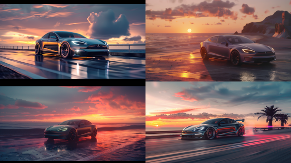 2023特斯拉model s plaid，金属午夜银，前3/4视角，沿海公路日落，全景天窗，21寸涡轮轮，对角线构图，8k，超写实cgi，暖光