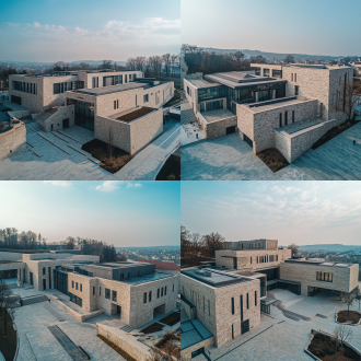 艺术博物馆鸟瞰中景远景，260平3层，石墙现代建筑，现代欧式风格，冷暖色调对比，全景镜头，35度侧光，宏伟平静。