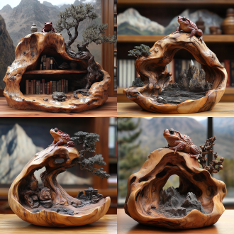 博古架上蟾站立在圆型中空枯树顶端，中心构图，山石为背景，柔和色调，标准镜头，45度顺光，蹲伏，静谧。 虚幻引擎 oc渲染器 虚幻引擎 oc渲染器