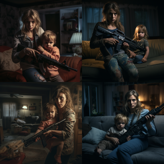 小宝宝手持ak47，对妈妈突突，天真无邪的脸庞，妈妈惊恐的表情，家庭室内，暗色调，广角镜头，侧光，快速快门，紧张氛围，冲突感。