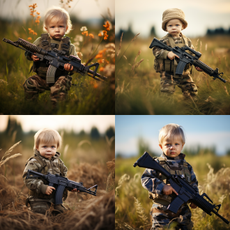 宝宝持ak47，中心构图，军事风格，户外草地，冷色调，长焦镜头，逆光，静态快门，专注表情，迷彩服装，紧张氛围。