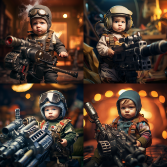 小宝宝持加特林和火箭筒，天真无邪表情，军事风格服装，室内模拟战场，高饱和色彩，广角镜头，侧光，动态模糊，力量感，童真与战争对比。