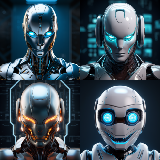 机器人头像，科技感，可爱形象，面部特写，it安全技能，高分辨率，未来主义风格，冷色调，led灯光，细节丰富，金属质感，微笑表情，专业专注。