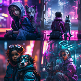 赛博朋克风格狗狗与扎双马尾小学生同框，前景构图，霓虹夜景，蒸汽波风格，长焦镜头，顶光，静止，机械元素，冷色调，好奇。