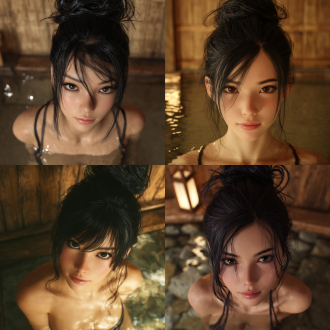 黑发亚洲少女，盘发造型，温泉浴场，面容精致，皮肤细腻，肩部以上入镜，光影柔和，室内木质结构背景，暖色调灯光，水面反光，自然神态，清新温柔，和风氛围，写实风格，高清画质