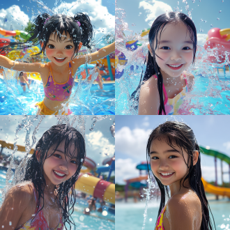 亚洲青春少女，黑色长发，自然笑容，五官清秀，彩色夏日造型，水上乐园，阳光洒落，戏水场景，蓝天白云，清凉水花飞溅，动感姿势，广角视角，4k高清画质，写实风格，青春活力，夏日氛围