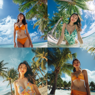 青春靓丽中国美女，沙滩泳服，广角镜头捕捉，正面光照射，椰树点缀，沙滩细腻，海水清澈，蓝天白云背景，4k画质，色彩鲜明，表情自然，动作优雅。