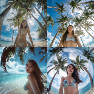 青春靓丽中国美女，沙滩泳服，广角镜头捕捉，正面光照射，椰树点缀，沙滩细腻，海水清澈，蓝天白云背景，4k画质，色彩鲜明，表情自然，动作优雅。