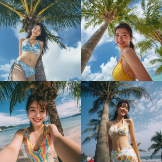 青春靓丽中国美女，沙滩泳服，广角镜头，正面光，椰树背景，沙滩海水，蓝天白云，4k分辨率，自然微笑，轻松姿态，鲜艳色彩，夏日风情。