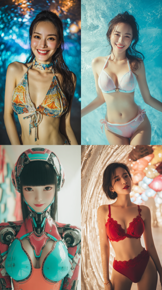 中国美女，机器人，泳服，广角镜头，正面光，豪华背景，科技感，4k高清分辨率，自然微笑，轻松姿态，鲜艳色彩，夏日风情，青春靓丽