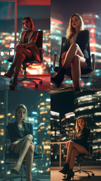 年轻女孩着职业装坐办公椅，双腿交叠，眼神妩媚，现代都市夜景背景，暖光，写实风，高清，电影感光影，职场女王气场。