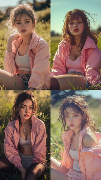 年轻貌美女孩，穿着粉色运动外套，内搭吊带背心，搭配短裙与长筒袜，整体穿搭甜美青春风，坐在草地上，自然少女坐姿，正脸高冷神情，眼神看向镜头，阳光柔和洒落，背景为绿草地与蓝天，青春写实风格，高清画质，自然光感，日系或韩系校园风