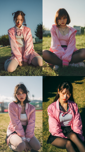 年轻貌美女孩，穿着粉色运动外套，内搭吊带背心，搭配短裙与长筒袜，整体穿搭甜美青春风，坐在草地上，自然少女坐姿，正脸高冷神情，眼神看向镜头，阳光柔和洒落，背景为绿草地与蓝天，青春写实风格，高清画质，自然光感，日系或韩系校园风