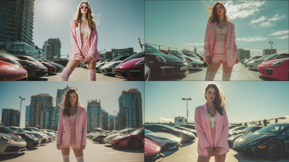 young beautiful woman, wearing a pink blazer over camisole top, short skirt and thigh-high socks, fashionable outfit, cold and elegant expression with a seductive gaze, standing confidently in a luxury parking lot filled with sports cars and high-end vehicles, urban outdoor setting, sunlight reflections on cars, photorealistic style, 4k resolution, high-fashion editorial vibe, cool tone color scheme, luxury lifestyle，walking past sports cars, wind blowing hair slightly，