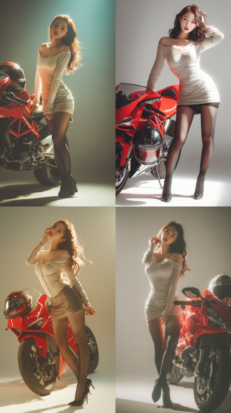 a young asian woman wearing a tight-fitting light-colored stylish top with an off-shoulder design, paired with a mini skirt, black stockings, and high heels. long wavy hair, seductive expression, elegant body curves. she is playfully touching her hair while leaning forward, one foot on the ground and the other slightly raised. photorealistic full-body composition, cinematic backlighting, rich scene detail. she is holding onto a red ducati motorcycle with a helmet placed on the fuel tank. the full motorcycle is visible, and there is strong lens depth of field in the background. fashion editorial style, high-resolution photo look.