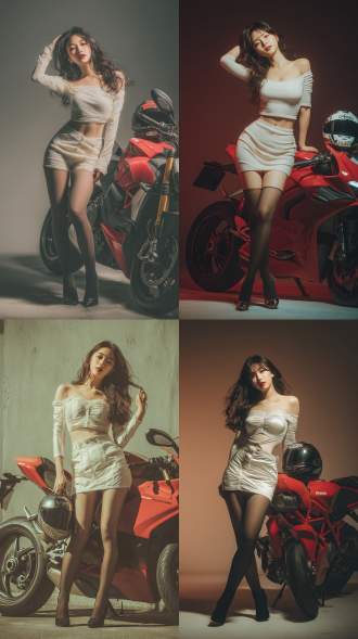 a young asian woman wearing a tight-fitting light-colored stylish outfit with an off-shoulder cropped top, paired with a mini skirt, black stockings, and high heels. long wavy hair, confident and alluring expression. she is playfully touching her hair, leaning forward slightly, one foot grounded and the other raised. photorealistic full-body portrait with cinematic backlight, rich details. standing beside a red ducati motorcycle with a helmet placed on the fuel tank. strong depth of field, clear view of the full motorcycle, high-resolution, fashion editorial style.