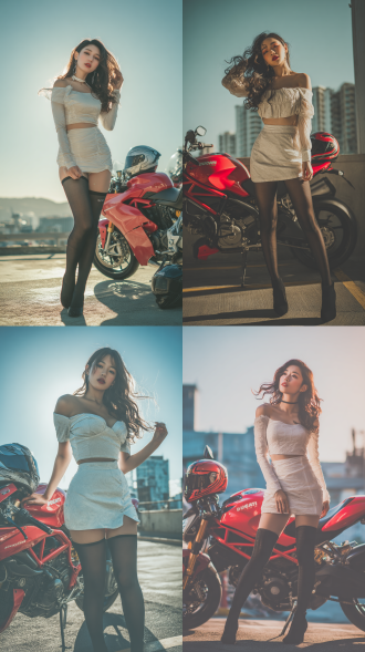 a young asian woman wearing a light-colored, tight-fitting stylish outfit with an off-shoulder cropped top, paired with a mini skirt, black thigh-high stockings, and high heels. she has long wavy hair, elegant curves, and a confident, alluring expression. the woman is playfully touching her hair, leaning slightly forward, with one foot firmly on the ground and the other slightly lifted. she is standing next to a red ducati motorcycle with a helmet placed on the fuel tank. the composition features a full-body photorealistic shot with cinematic backlighting, strong depth of field, and detailed textures. the background is an urban outdoor setting, emphasizing a modern and fashionable atmosphere.