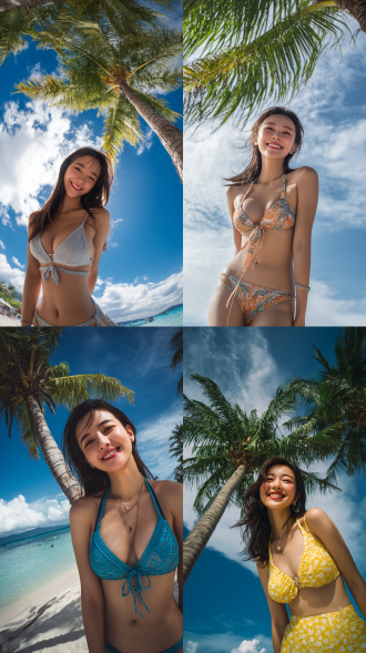 青春靓丽中国美女，沙滩泳服，广角镜头，正面光，椰树背景，沙滩海水，蓝天白云，4k分辨率，自然微笑，轻松姿态，鲜艳色彩，夏日风情。