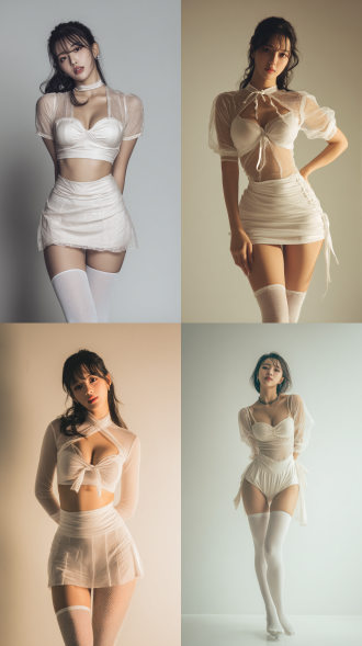 一位亚洲年轻女性，紧身浅色薄纱装，搭配超短裙和白色丝袜，眼神妩媚，身材曼妙风韵，凹凸有致，露脐露肩，全身写实摄影，4k高清
